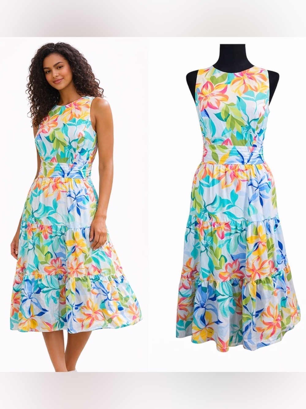 Tahari Womens Cotton Floral Tiered Midi Dress 6 Colorful Tropical Summer Coastal